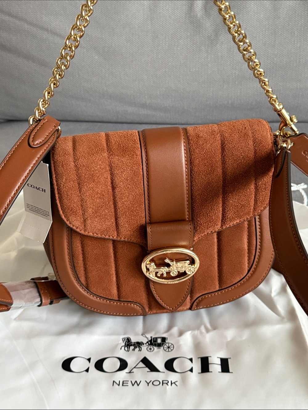 Coach Giorgia Suede and Leather Crossbody in Chestnut Brown with Gold Chain - Picture 9 of 12